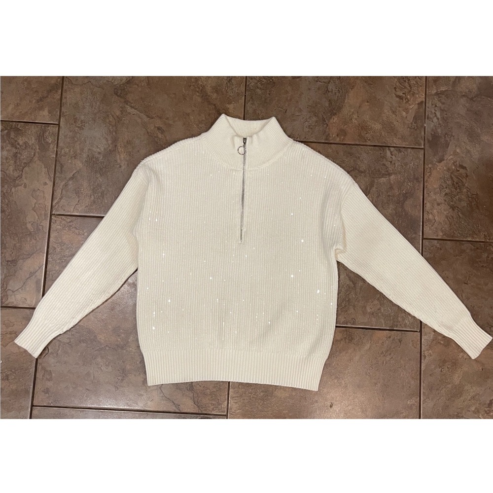 Nine West Womens Cream Ribbed Sequin Quarter Zip Mock Neck Sweater Small Ivory